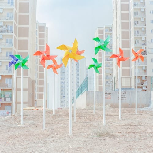 A view of decorative spinning tops in the new city of Pardis.