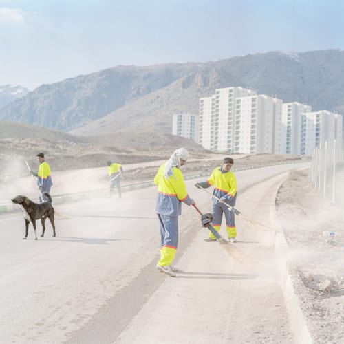 Hossein, 55, Najib, 24, Farshad, 21, and Ahmad, 19, who have recently migrated from Afghanistan to Iran, work as street sweepers in the new city of Pardis.